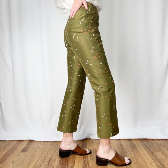 Vintage 100% Silk Embroidered Floral High Waisted Straight Slim Trouser Pants 4 - Picture 3 of 6